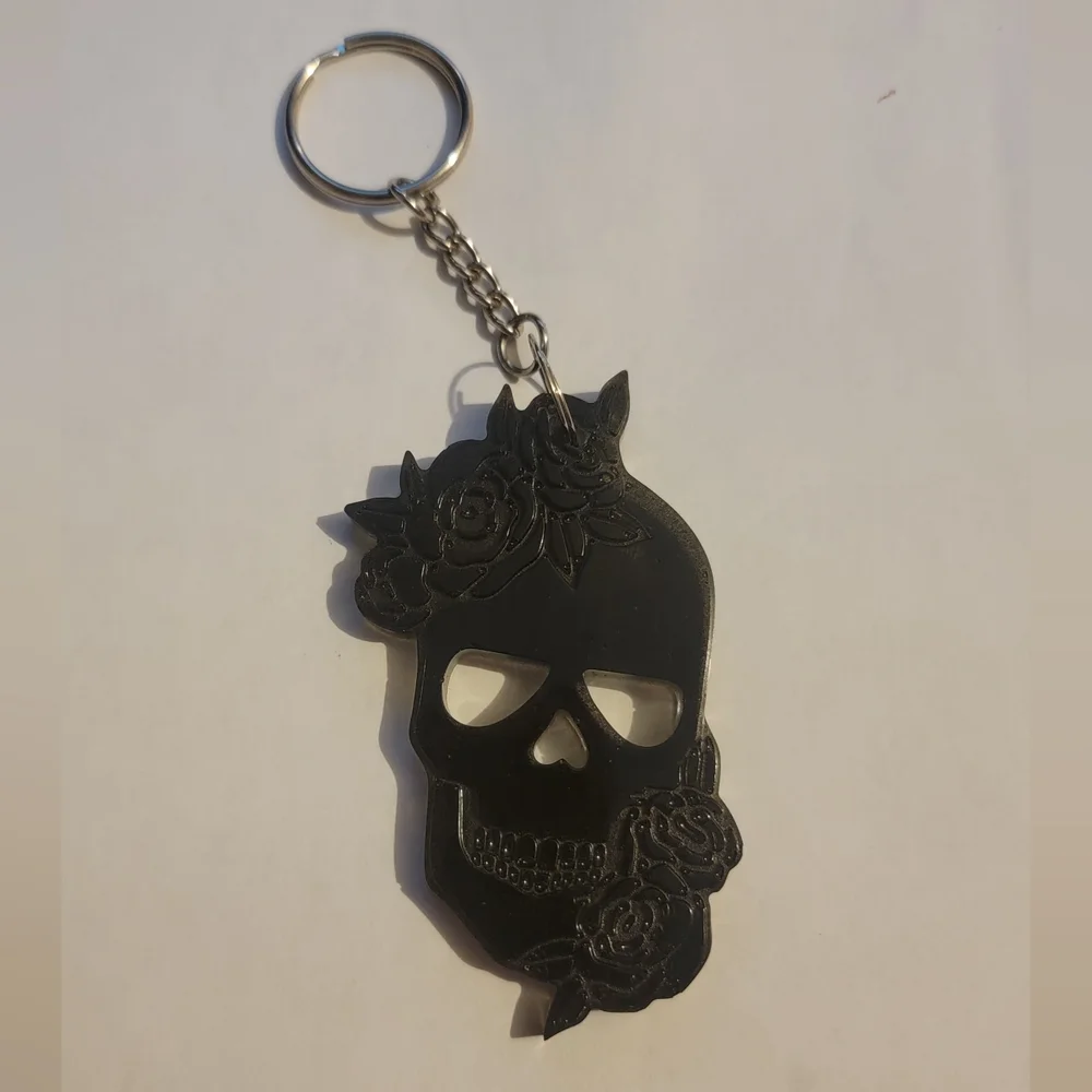 Black Skull Keychain with Floral Design